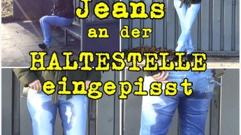 Helle Jeans an der Haltestelle eingepisst