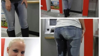 Jeans Piss vor Geldautomat in der Bank