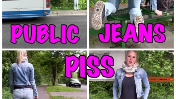 Public Jeans Piss an der Bushaltestelle