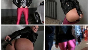 Public mit Anal Plug in Spandex Cameltoe Leggings